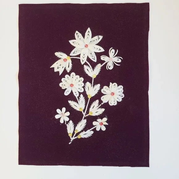 Handcrafted Floral Applique On Deep Burgundy Velvet 1970's White Petals Sequence - Picture 1 of 11